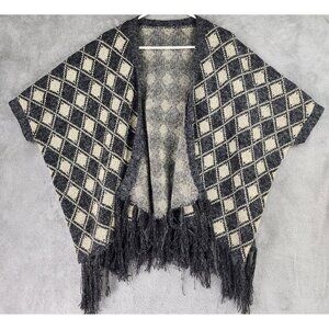 Womens Sweater One Size Gray Cream Diamond Pattern Soft Short Sleeve Cardigan